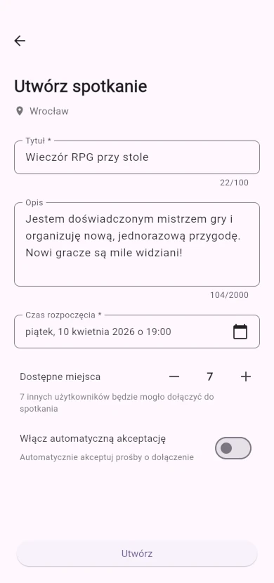 Creating a new meetup in spotka